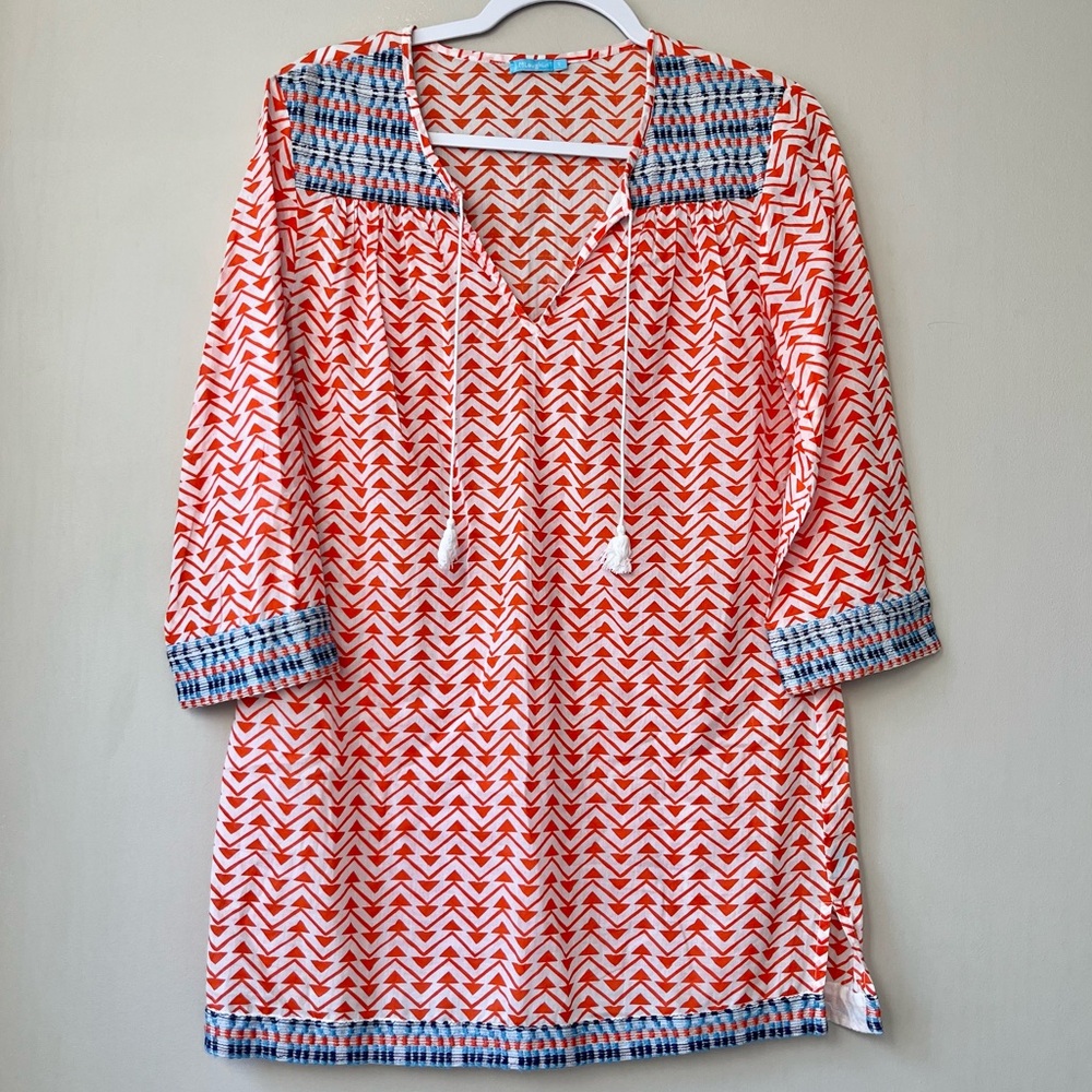J. McLaughlin | Orange White Blue Geometric Tassel Tunic Coverup Embroidered Top